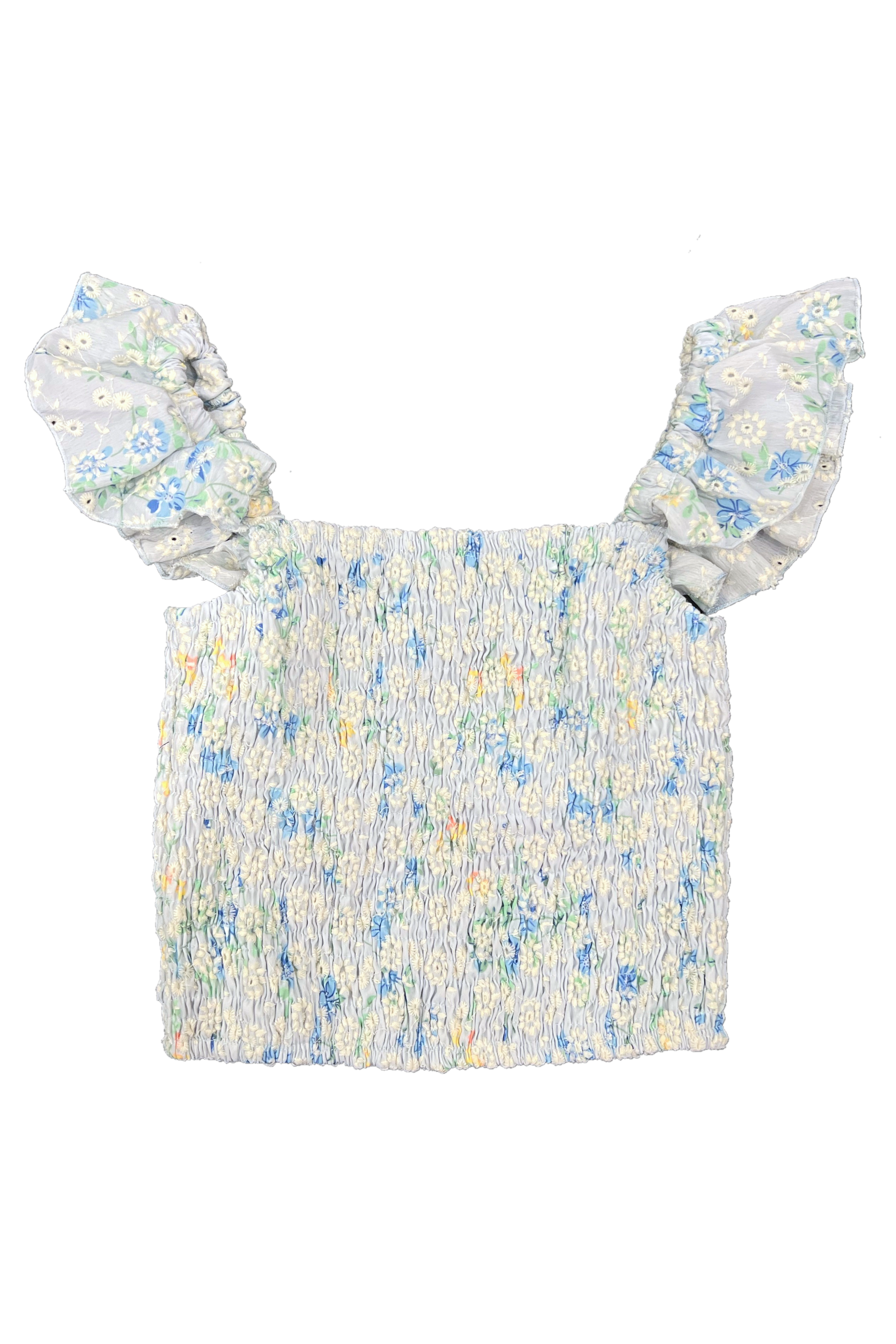 Blue Floral Eyelet Ruffle Strap Smocked Top