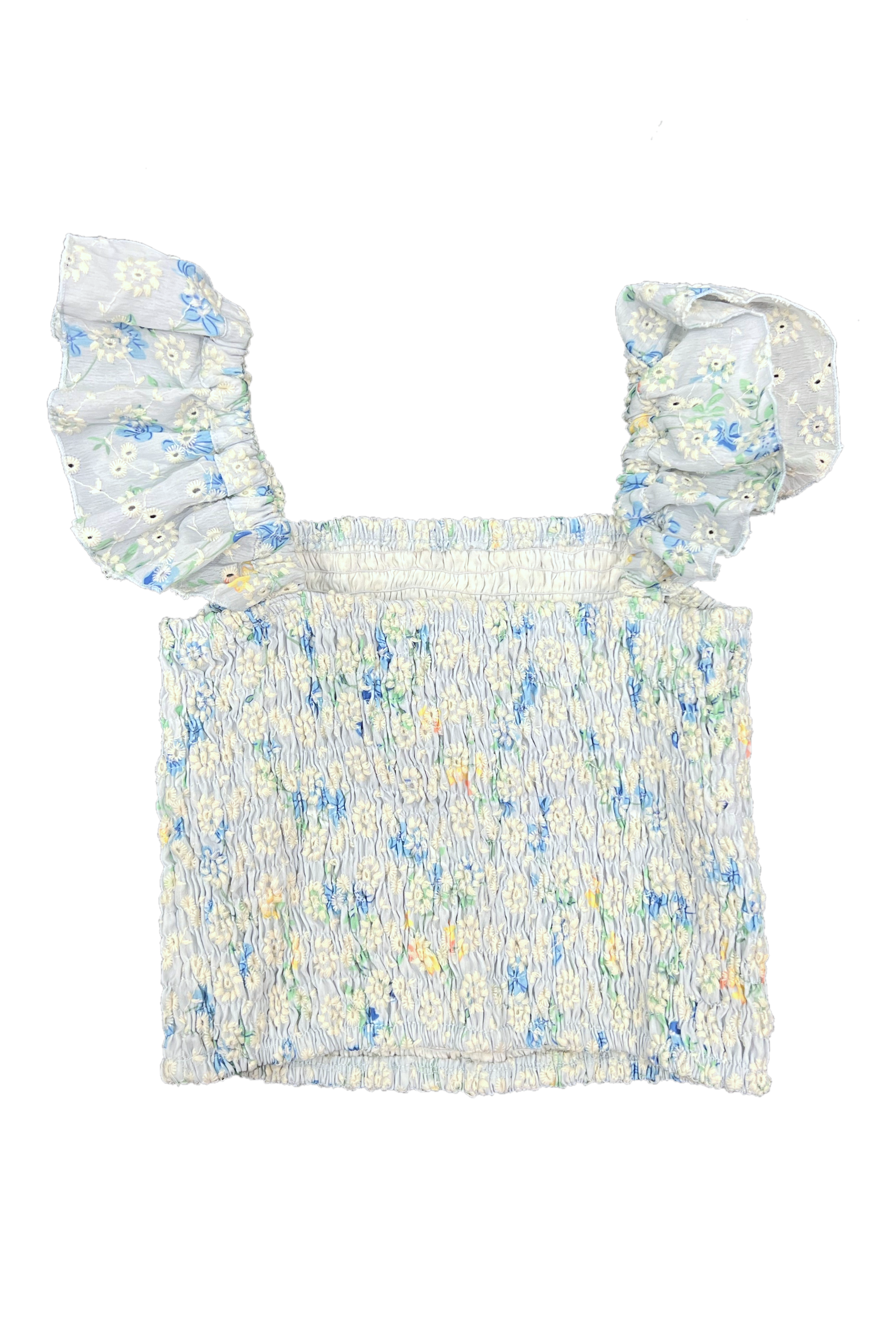 Blue Floral Eyelet Ruffle Strap Smocked Top