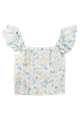 Blue Floral Eyelet Ruffle Strap Smocked Top