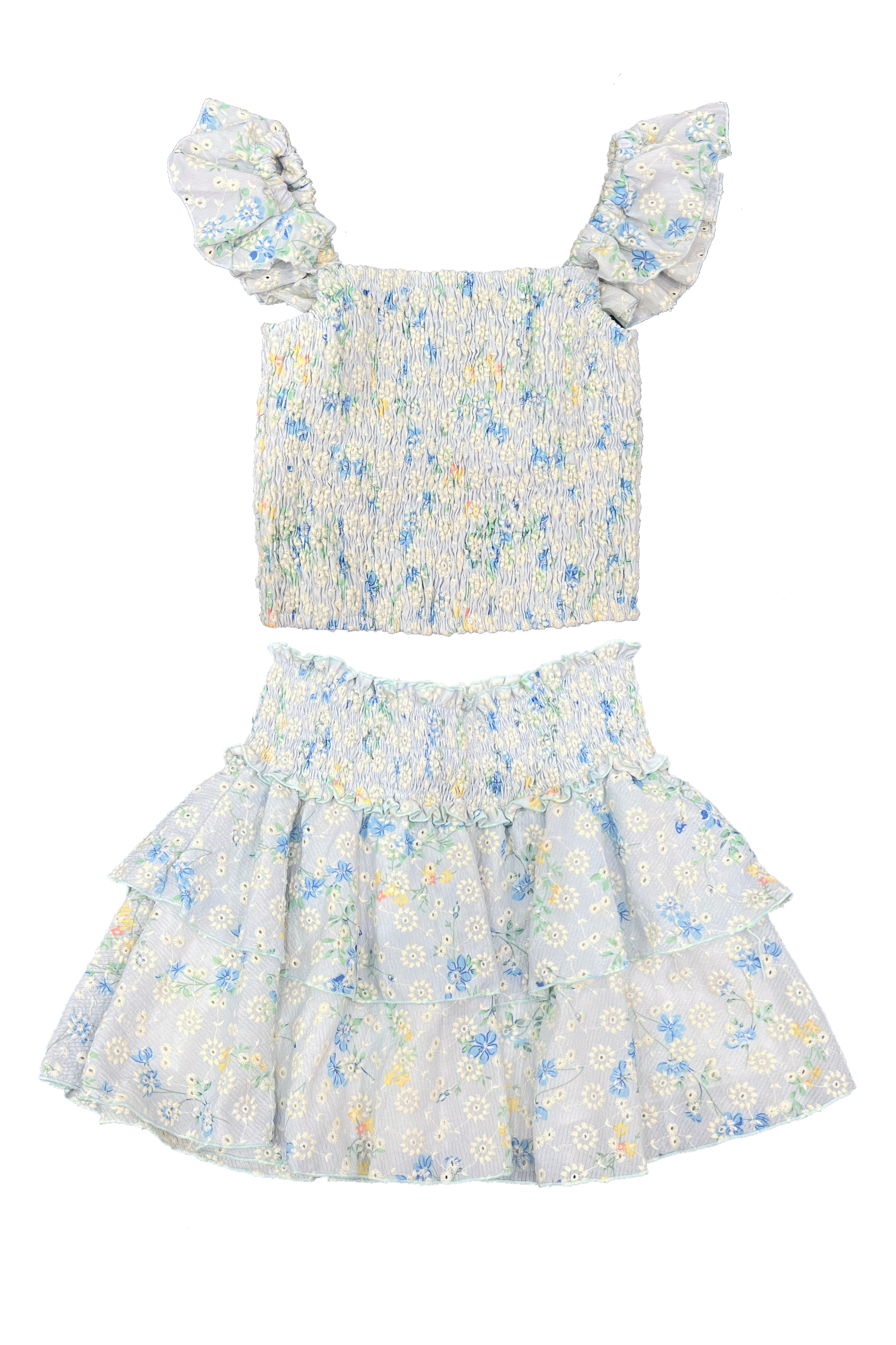 Blue Floral Eyelet Ruffle Strap Smocked Top