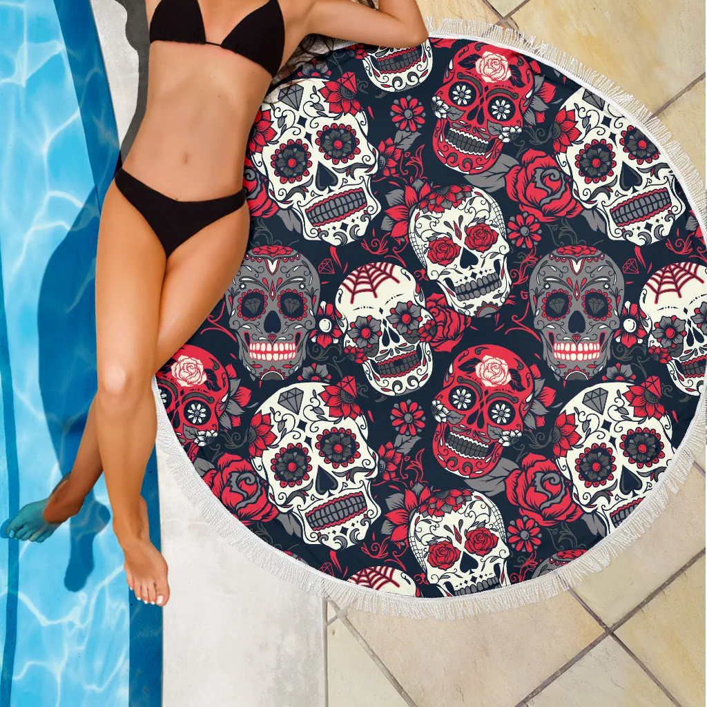 Sugar Skull Red Rose Beach Blanket