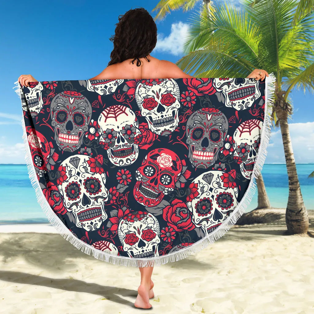 Sugar Skull Red Rose Beach Blanket