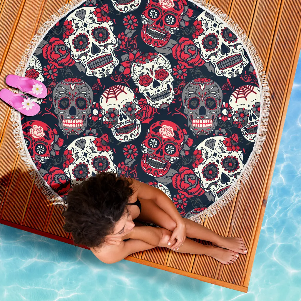 Sugar Skull Red Rose Beach Blanket