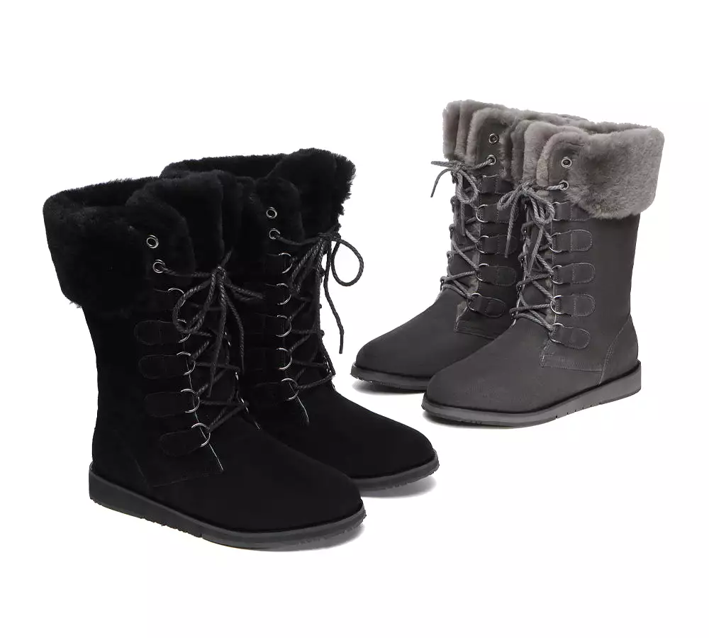 TARRAMARRA Lace Up Mid Calf Fashion Sheepskin Women Boots Becky